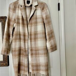 Anthropologie 
Love Tree Beige Plaid Trench Coat w Fringe
Very soft warm L New